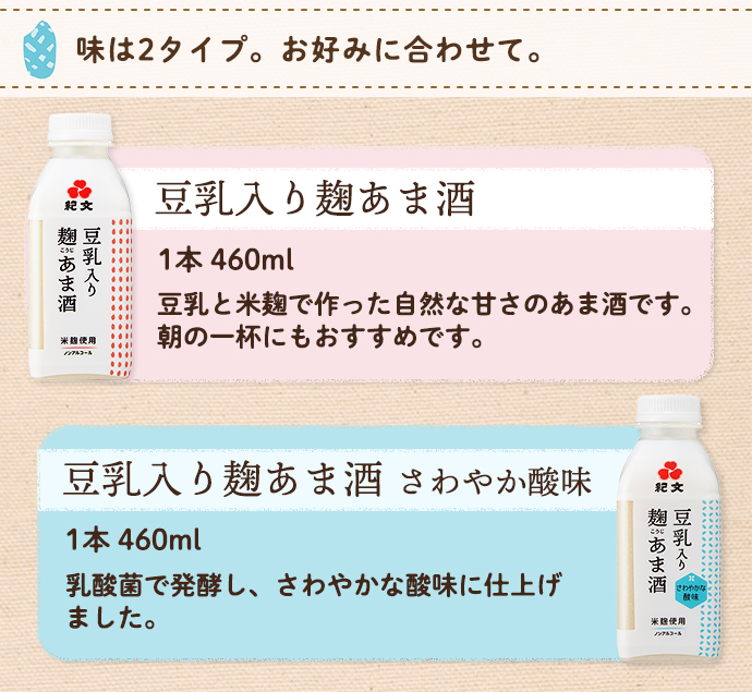 味は2タイプ。お好みに合わせて。豆乳入り麹あま酒（甘酒）1本460ml豆乳と米麹で作った自然な甘さのあま酒です。朝の一杯にもおすすめです。豆乳入り麹あま酒（甘酒）さわやか酸味1本460ml乳酸菌で発酵し、さわやかな酸味に仕上げました。