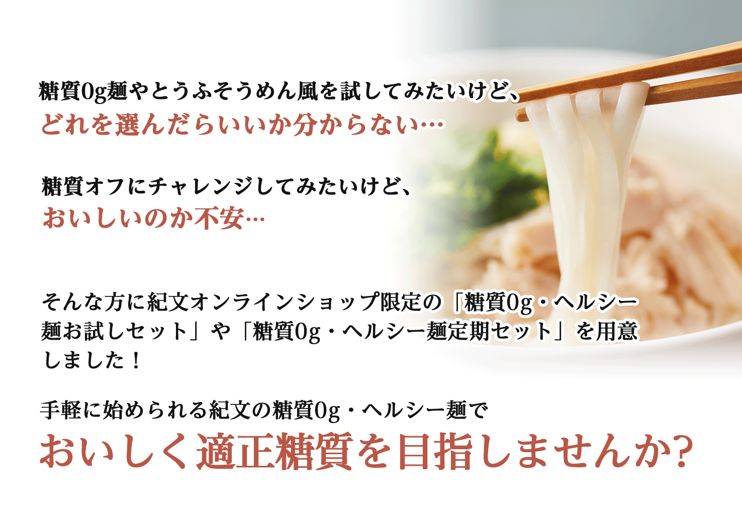 紀文オンラインショップ限定の「糖質0g・ヘルシー麵お試しセット」や「糖質0g・ヘルシー麺定期セット」を用意しました！