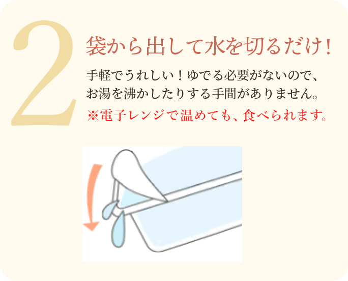 2 袋から出して水を切るだけ！